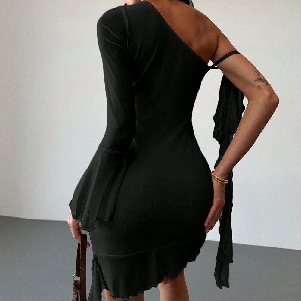 Black Elegant Women's One-Shoulder Fitted Ruffle Hem Mini Dress - Picture 2 of 7